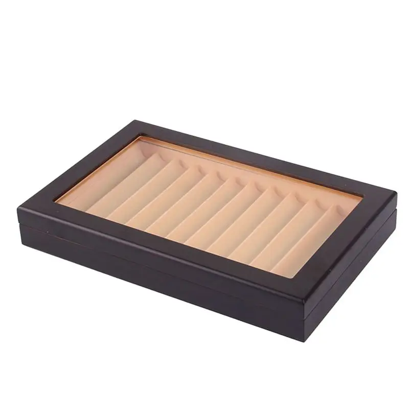 A98E-1 Piece 12 Grid Wooden Pen Display Case Transparent Window Pen Box-Collection Organizer Ebony