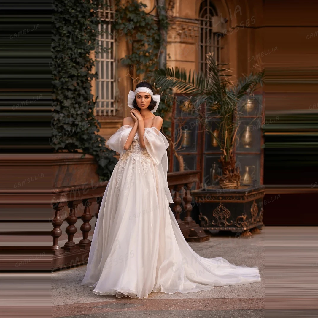 Simple Lace Off Shoulder Wedding Dresses Women's A Line Appliques Tulle Bridal Gowns Backless Party Vestidos De Novia Customized
