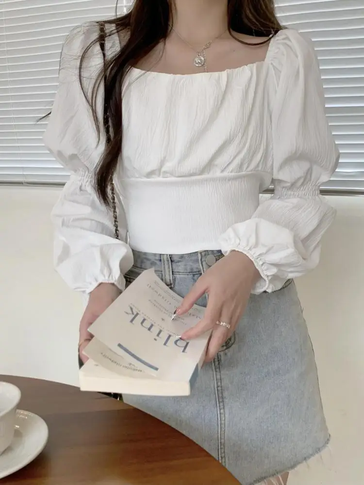 

Винтажные весенние белые элегантные блузки с квадратным вырезом, женские блузки с длинными рукавами и фонариками, корейский стиль, милый бант, повязки, плиссированные короткие топы