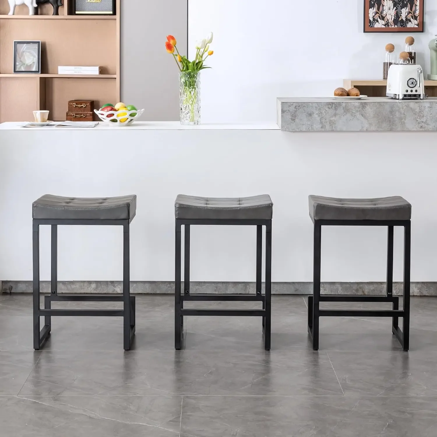 Set of 3 24 Counter Height Saddle Barstools, Backless Faux Leather Kitchen Island Stools with Metal Base