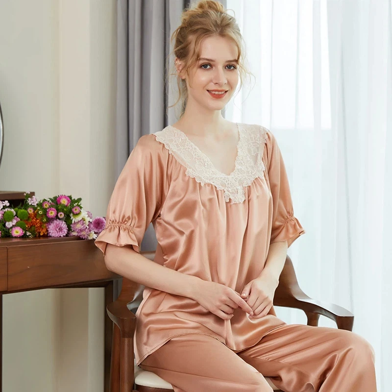

Women's Heavyweight Silk Loungewear Set Summer Sexy Lace Trim 100% Mulberry Silk Loose T-Shirt & Pants Two Piece Pajamas Outfit