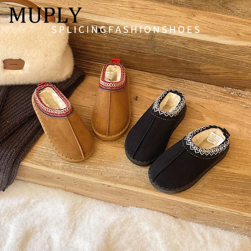 Children Slip on Slipper Open Heel Fleece Lined Clog Slippers Fashion Non Abrasive Toe Cap Outdoor Winter Snow Slippers