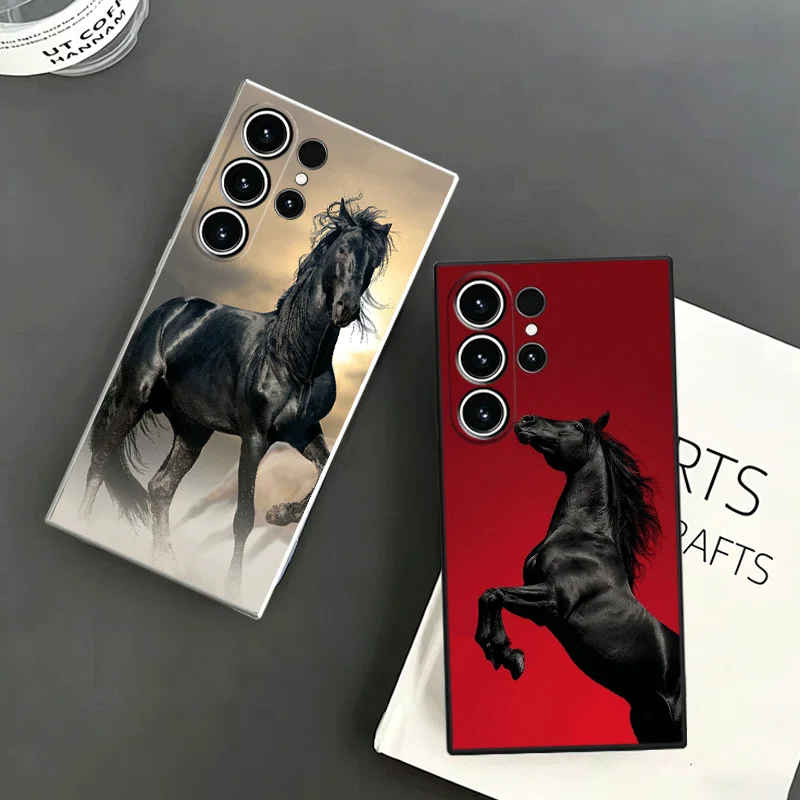Black Horse Galloping Soft Phone Case For Samsung S24 S25 S26 Ultra S23 S22 Plus S21 S20 FE Edge + Black White Couple Cover