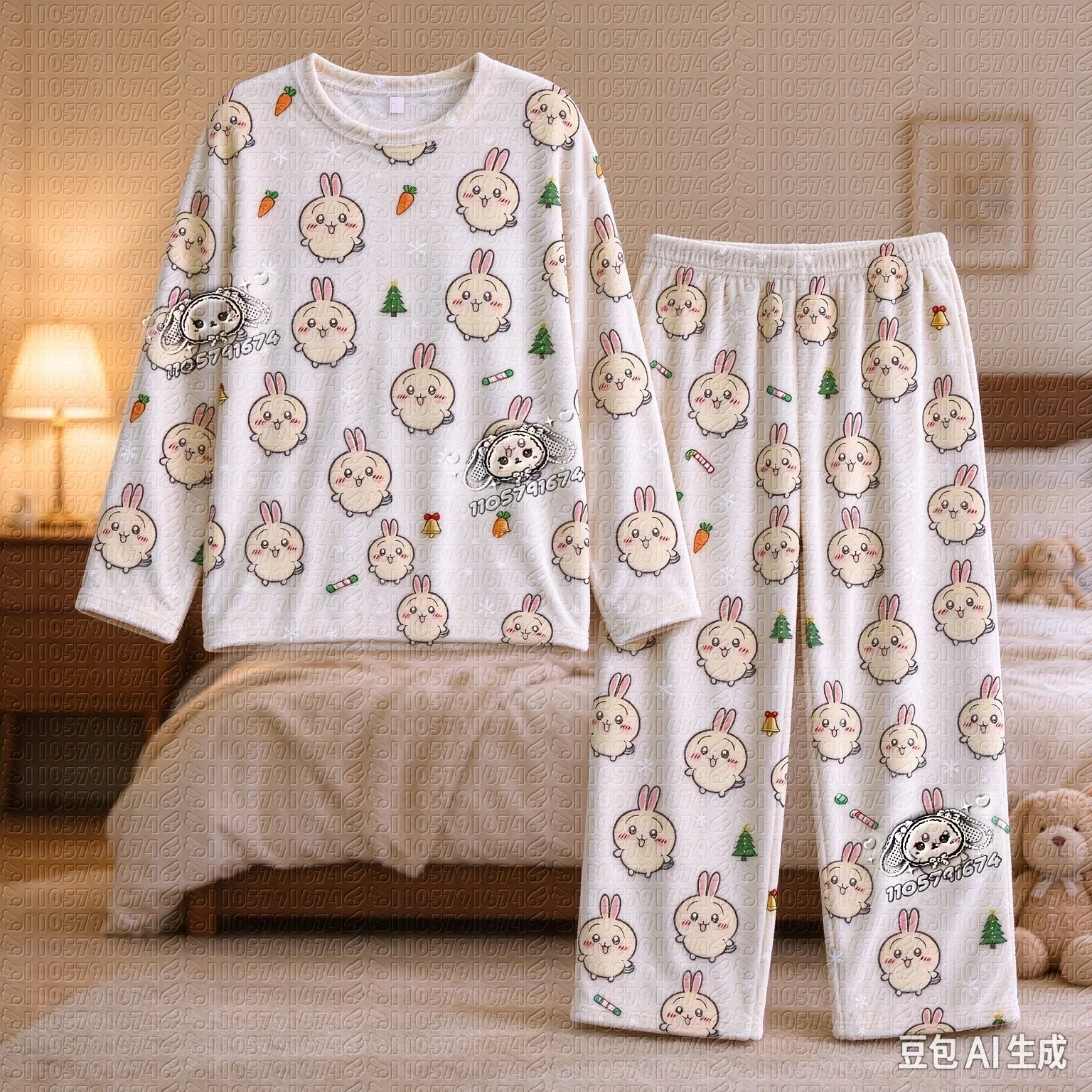 26/27Chiikawa Series Flannel Long Sleeve Pajama Set, Christmas Holiday Family Matching Outfit Unisex Fall Winter 2pcs Sleepwear