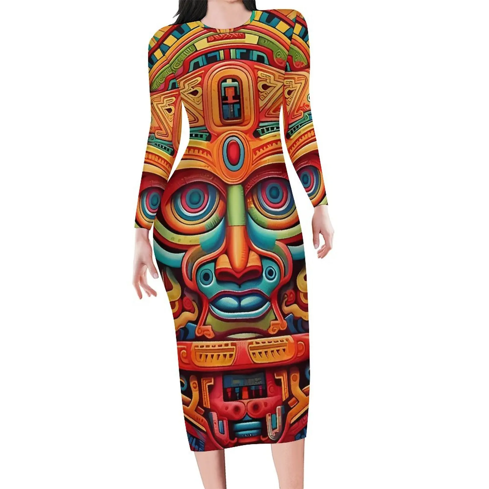 Abstract Aztec Art Dress Womens  Aesthetic Bodycon Dress Spring Long Sleeve Elegant Dresses Design Oversize Clothes