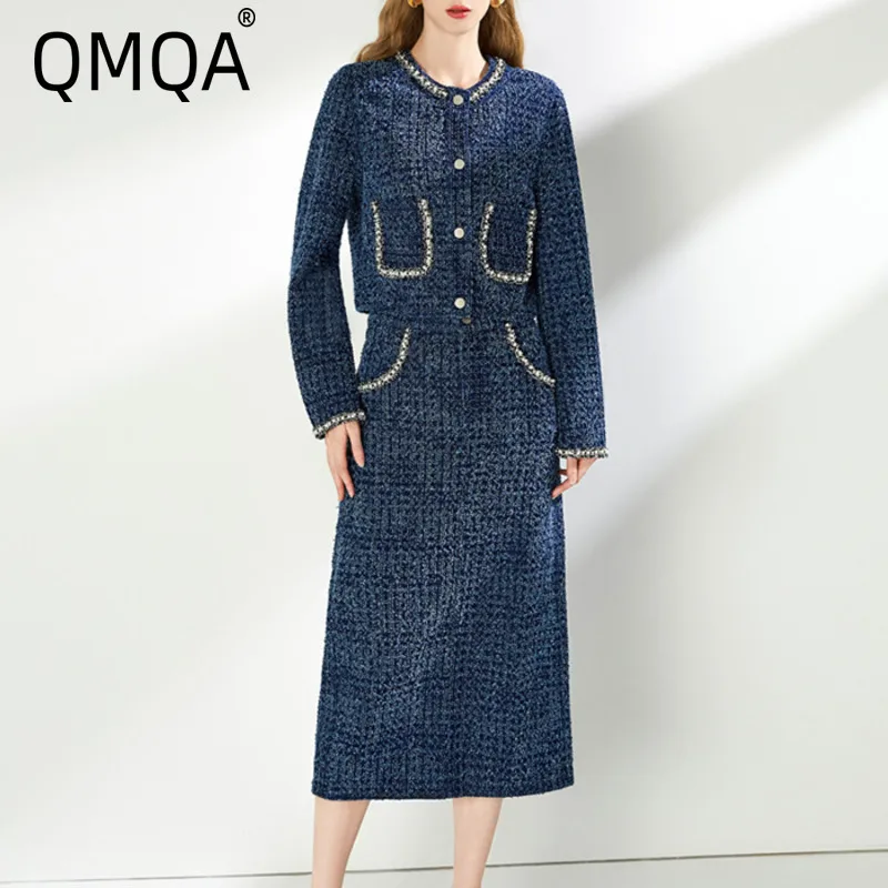 QMQA Fashion Women's French Tweed 2 Piece Sets Round Neck Long Sleeve Top High Waist Split Skirts Set 2025 Female New QM159