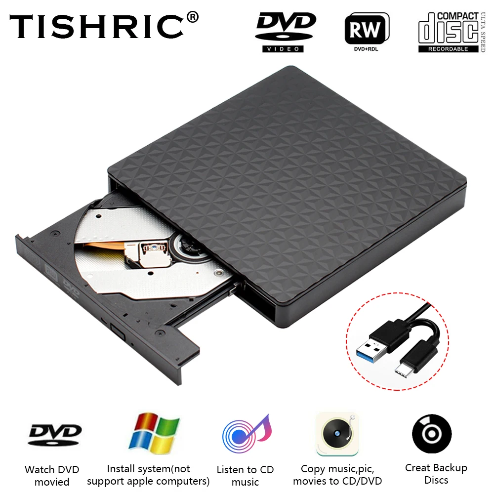 Tishric externo unidade óptica usb 2.0 3.0 tipo c cabo drive DVD-RW rom externo cd dvd drive para imac portátil desktop cd player