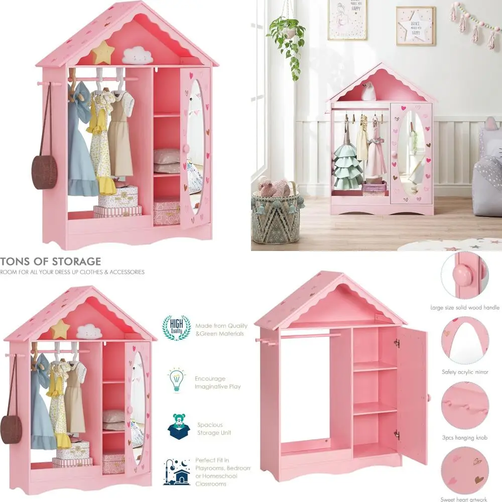 تخزين ملابس الأطفال من UTEX مع مرآة، خزانة ملابس للأطفال، خزانة تلبيس للفتيات الصغيرات، منظم أزياء معلق مفتوح