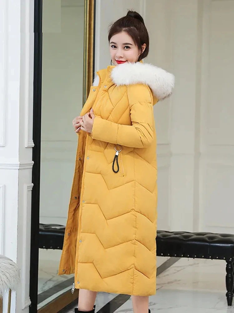 Long Winter Chic Faux Fur Collar Hooded Parkas Oversized Warm Cotton Padded Casacos Casual Windproof Thickened Cold Coat Jackets