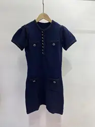 Navy blue diamond buttons knitted hip dresses temperament elegant round neck short-sleeved women's dress 2024 new fall