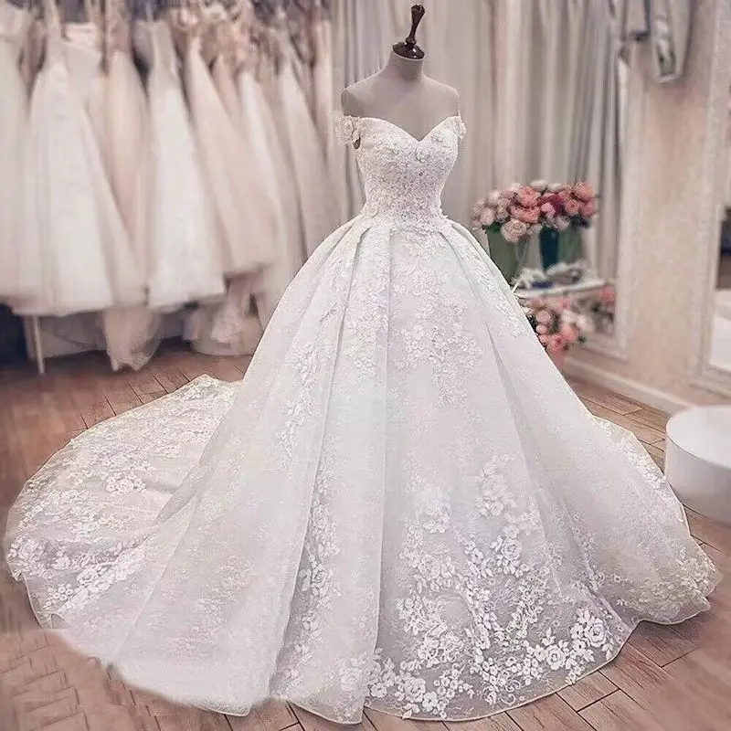 Vestidos de casamento com renda fora do ombro para mulheres, flores 3D, trem da corte, vestidos de noiva, cristal luxuoso, 2024