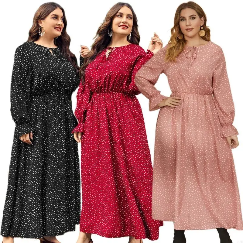 l38e-abito-lungo-da-donna-con-stampa-a-maniche-lunghe-buco-della-serratura-orlo-svasato-stampa-a-pois