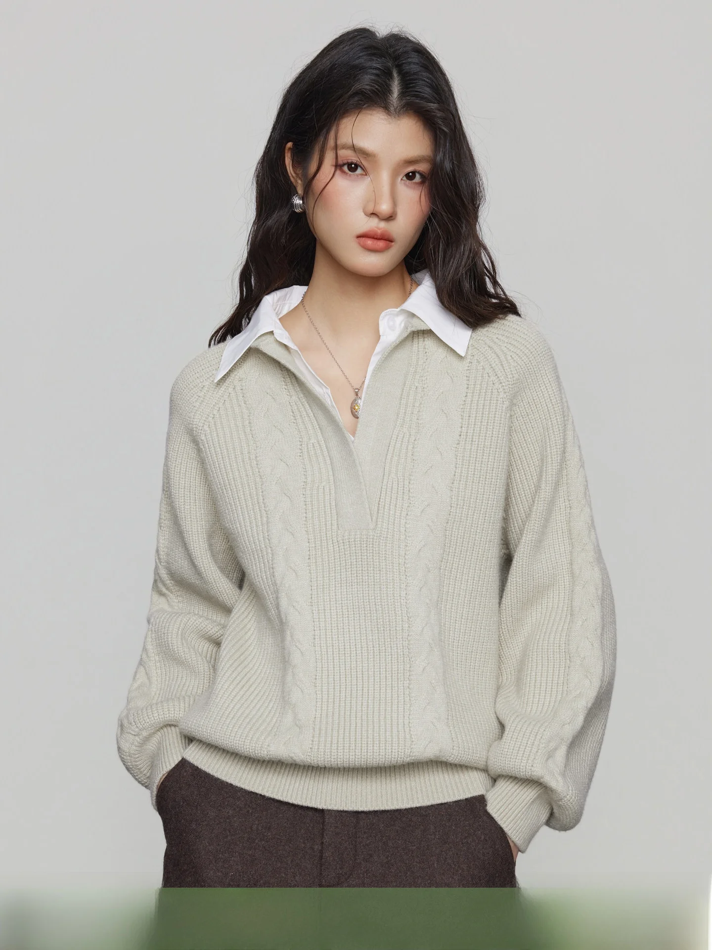 

KEARA Thickened Long Sleeve Knitted Sweater Women's Autumn Winter Loose Lazy Style Overhead Thick Commute Top Fake Two-Piece