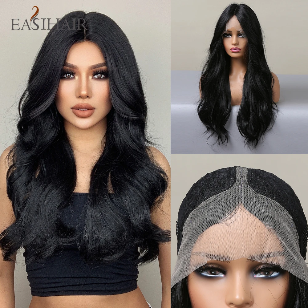 EASIHAIR Black Long Body Wave Synthetic Lace Front Wigs for Black Afro Women Daily Cosplay Party Natural Heat Resistant Fibers