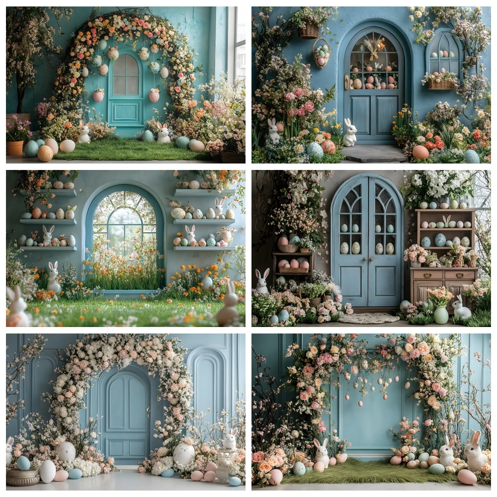

Spring Easter Backdrop for Photography Flowers Grass Easter Rabbit Colorful Eggs Background Baby Shower Party Portrait Banner