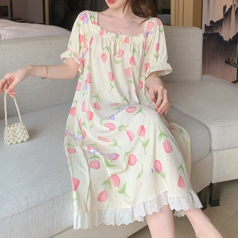 

Summer Women's Modal Ice Silk Sleep Dress Thin Tulip Princess Style plus Size Pregnant Women's Nightgown Dress Sweet Home Clo...