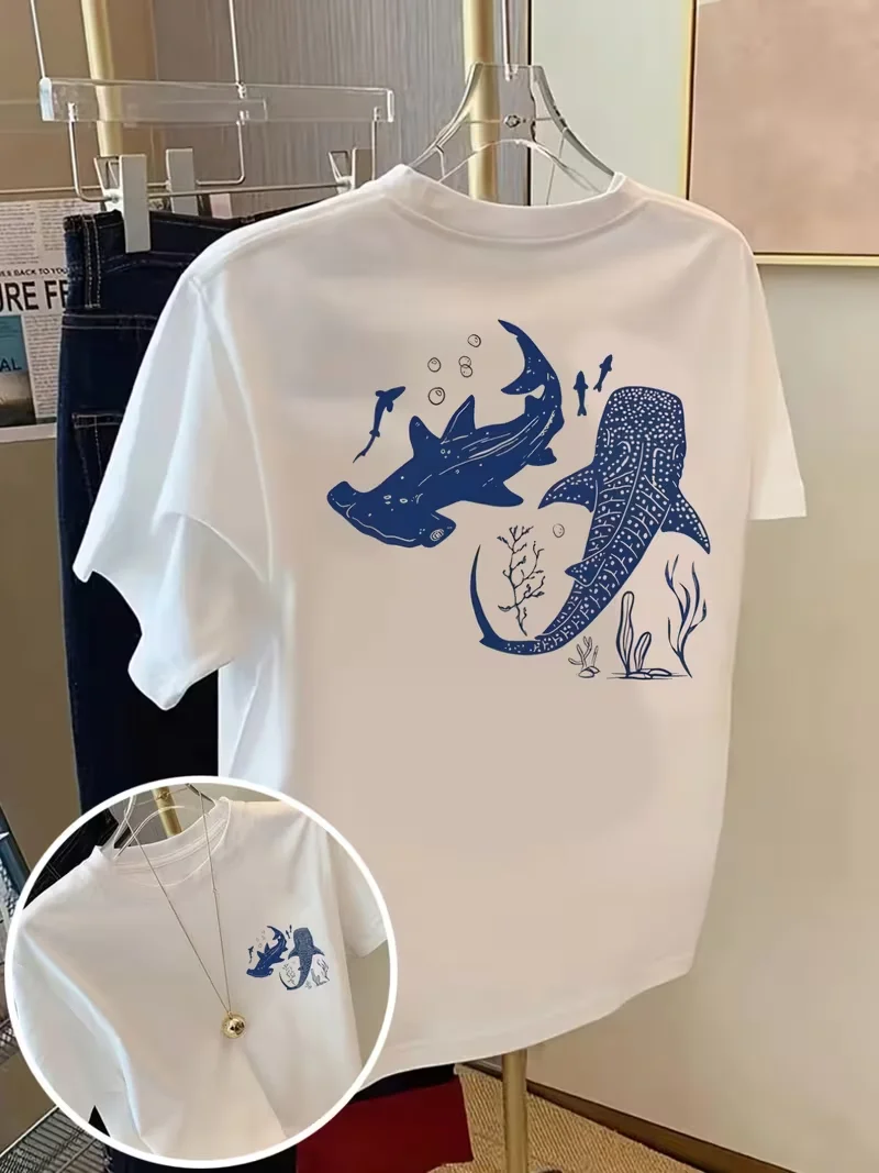 T-Shirt mit Walhai-Korallen-Grafik, Ozean-Meereslebewesen-Print, Rundhalsausschnitt, kurzärmeliges Oberteil, Sommerliches Alltags-Mode-T-Shirt für Pendler und Reisen – Detail 3