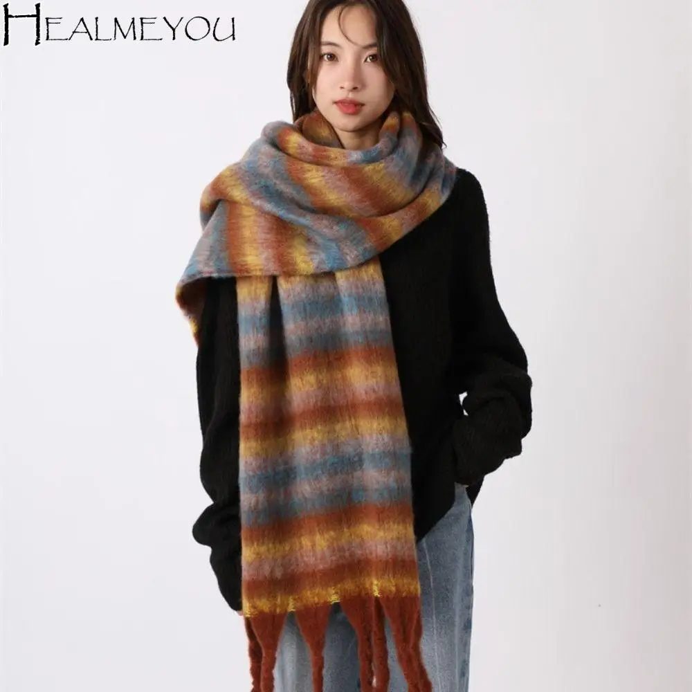 

Elegant Mohair Plaid Wool Scarf Plush Thicken Winter Cashmere Scarves Tassel Solid Color Long Shawl Women/Men