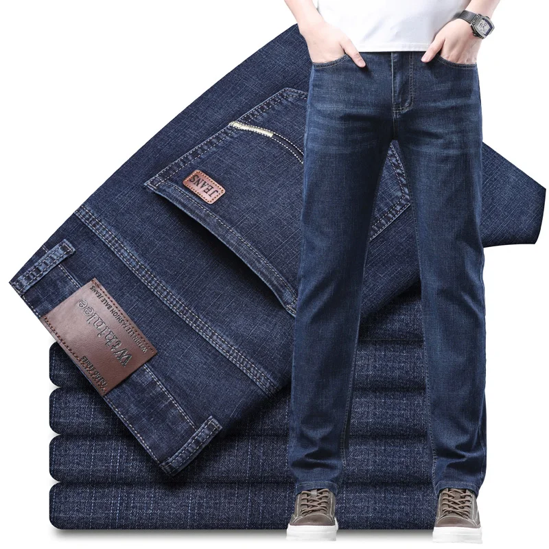 2024 Classic Korean New Fashion Straight Business Pants Cotton Soft Casual Light Blue Stretch Denim Trousers Male Clothes