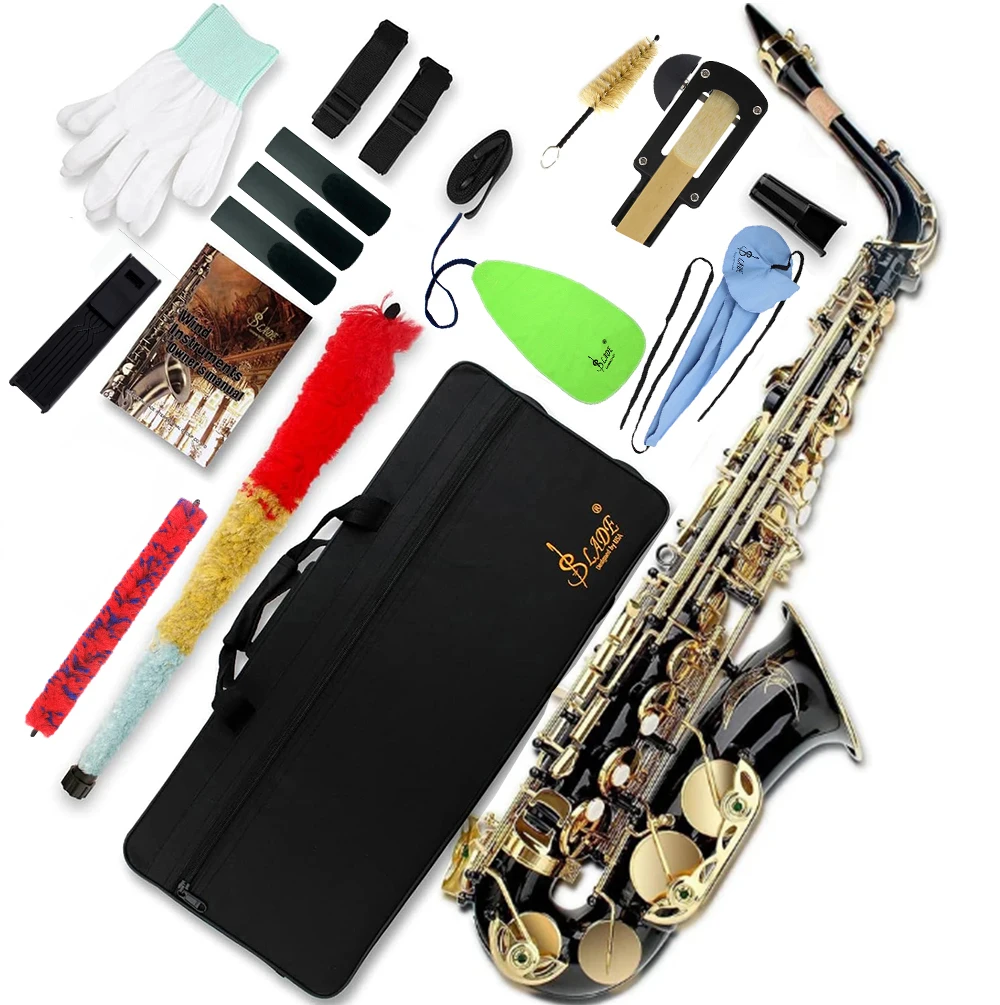 SLADE Black Gold Saxophone Brass Eb Alto Saxophone with Cleanning Cloth Reed Clip Trimmer Strap Glove Parts for Beginners Adults