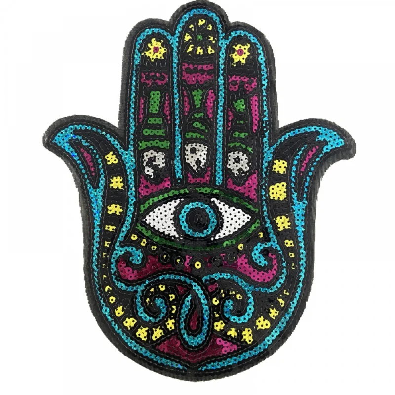 New Arrival Hamsa Hand Sequined Iron on Patches for Clothes DIY Accessories Big Hand Eye Sequins Embroidery Appliques Patches