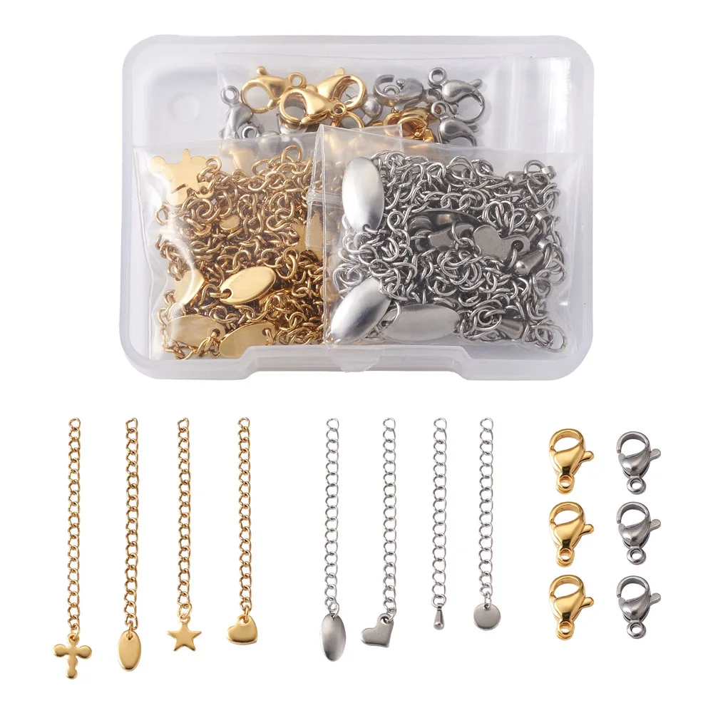 Kits de bricolage de bijoux en acier inoxydable 304, avec rallonges de chaîne et fermoirs à griffes de homard, couleur or et acier inoxydable, 40 pièces