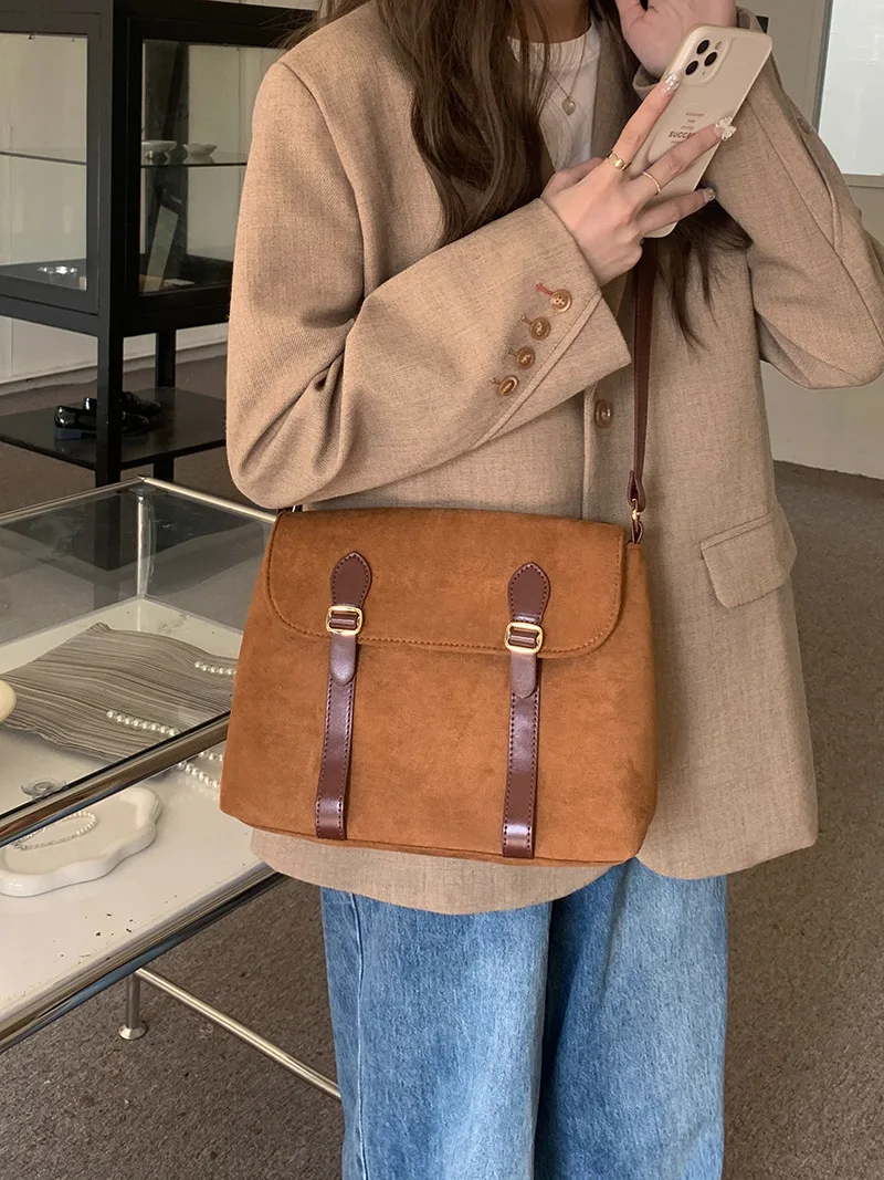 TRSYPHXM 2025 new Bag for women 2025 new Korean version niche design suede retro matte shoulder crossbody bag postman bag trend