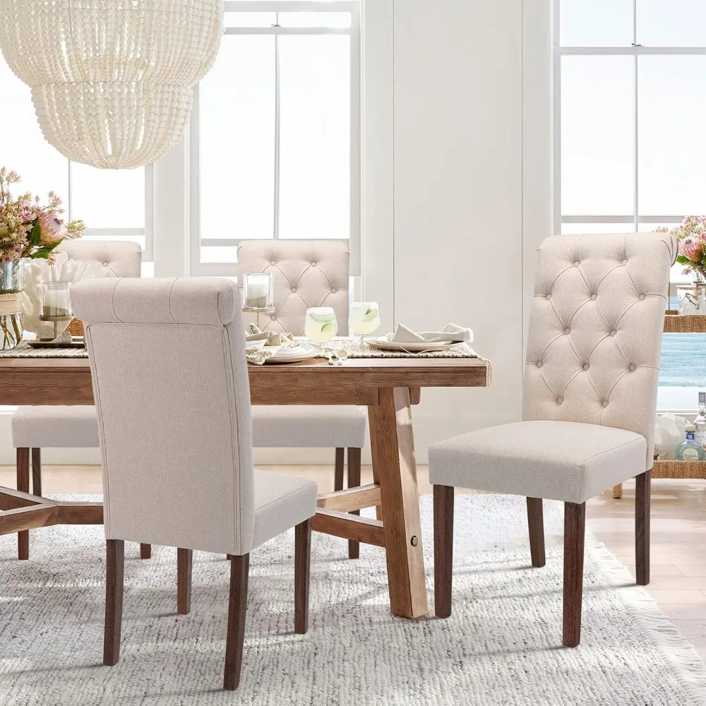 Tufted Dining Room Chairs Set of 4, Parsons Diner Chairs Upholstered Fabric Side Kitchen Chairs with Solid Wood Legs