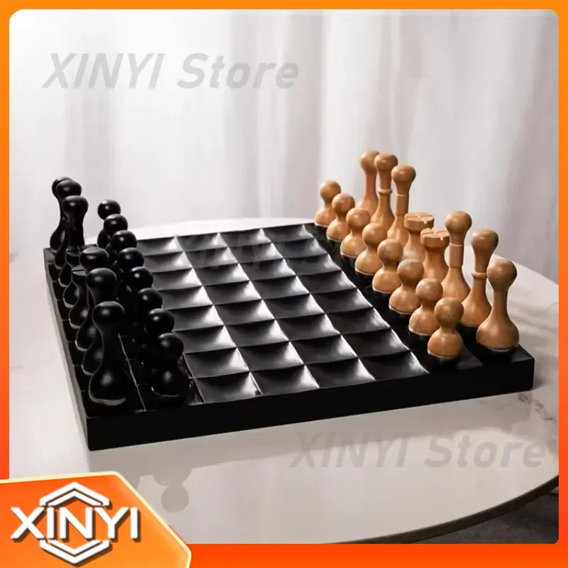 Minimalist Black Metal and Wood Interior Home Chess Set for Living Room Decor Modern Style Board Game Gift
