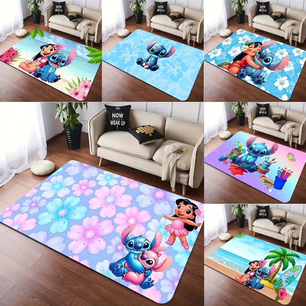 MINISO-alfombra bonita Lilo & Stitch rosa y azul para sala de estar, decoración para sofá, dormitorio, mesita de noche, guardería, alfombra de juego para gatear, Gif
