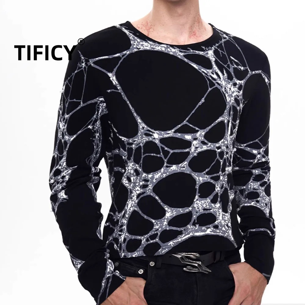

High Street Tees Tshirts Tops Men's Black Printed Slim Fit Base Shirt Early Autumn Round Neck Long Sleeved Streetwear T-shirt