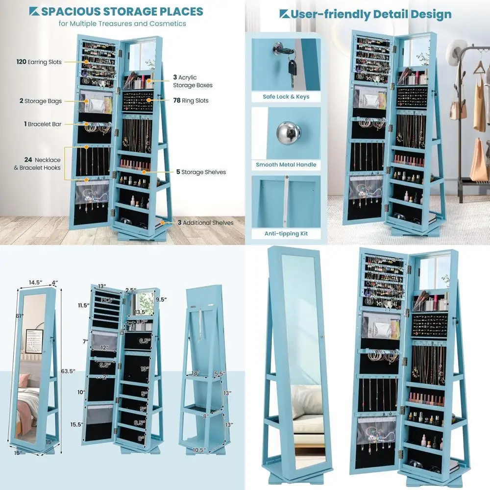 

Large Lockable Standing Jewelry Armoire with Full-Length Mirror, Swivel Design, Ample Storage, and Interior Makeup Mirror in Sky