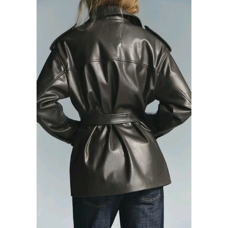 Jaqueta Fena Nova de Couro PU com Manga Longa e Caimento Solto, Gola Alta, Superfície Brilhante e Textura Anti-Couro 434766