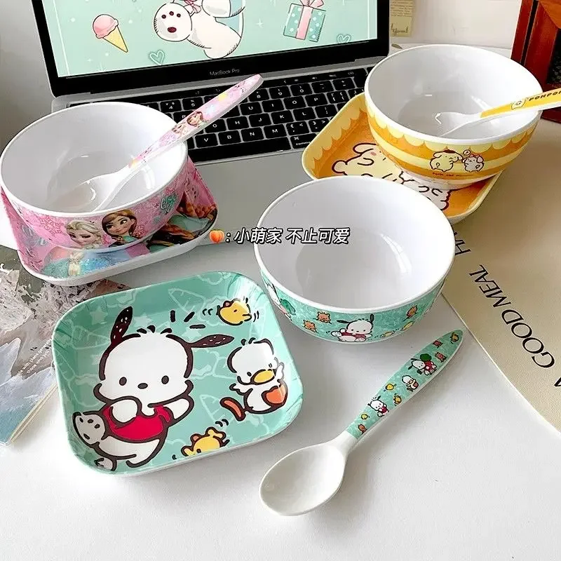 Sanrio Kawaii Anime Pochacco Hello Kitty Children Plate Bowl Tableware Set Cute Cartoon My Melody Dish Spoon Gifts for Girls