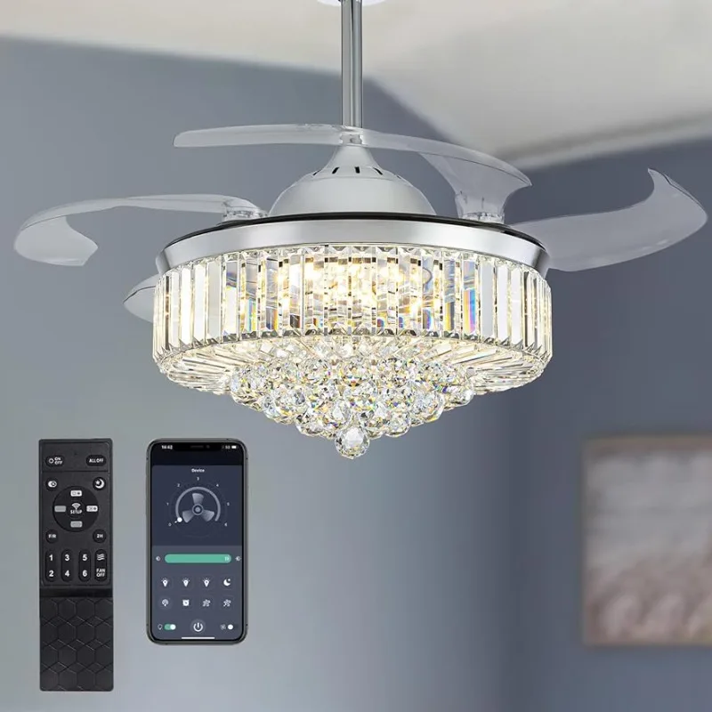 Moooni Modern Dimmable Crystal Fandelier, Retractable Blades Ceiling Fans with Light and Remote