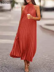 Vintage Sleeveless Long Dresses Women Halter Neck Sundress ZANZEA Fashion Pleating Party Robes 2023 Summer Sexy Solid Maxi Robe