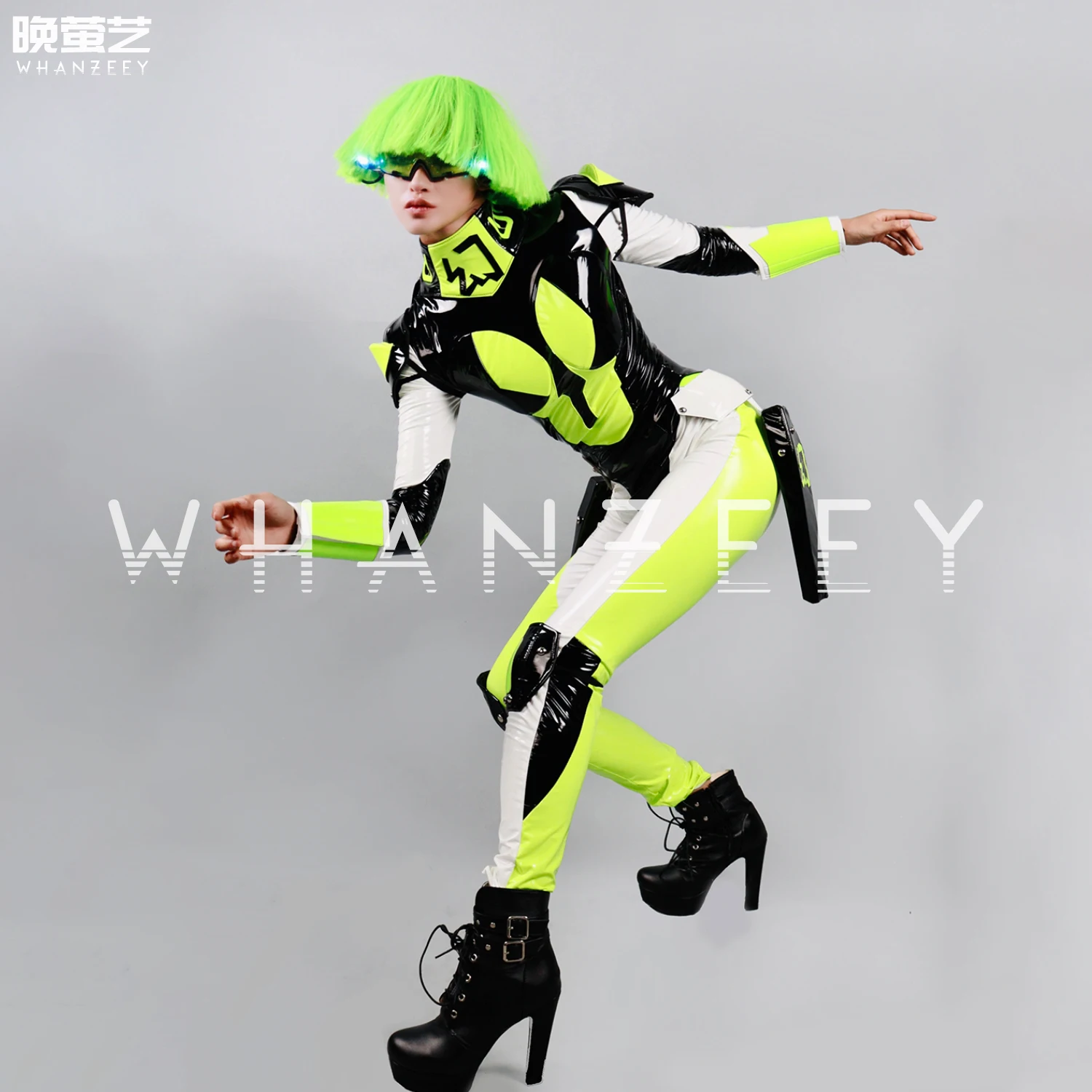 New Performance Clothing Nightclub Fluorescent Green Women's Technology Lacquer Leather One Piece Motorcycle Cyberpunk Jumpsuit