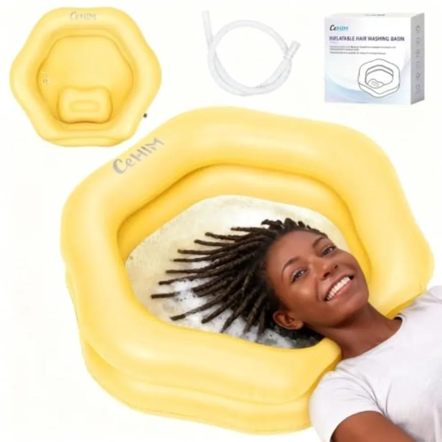 

Inflatable Shampoo Basin for Bedridden, Elderly and Disabled - Petal-Shape Large Size, 360° Neck Support, Central Drain Hole wi