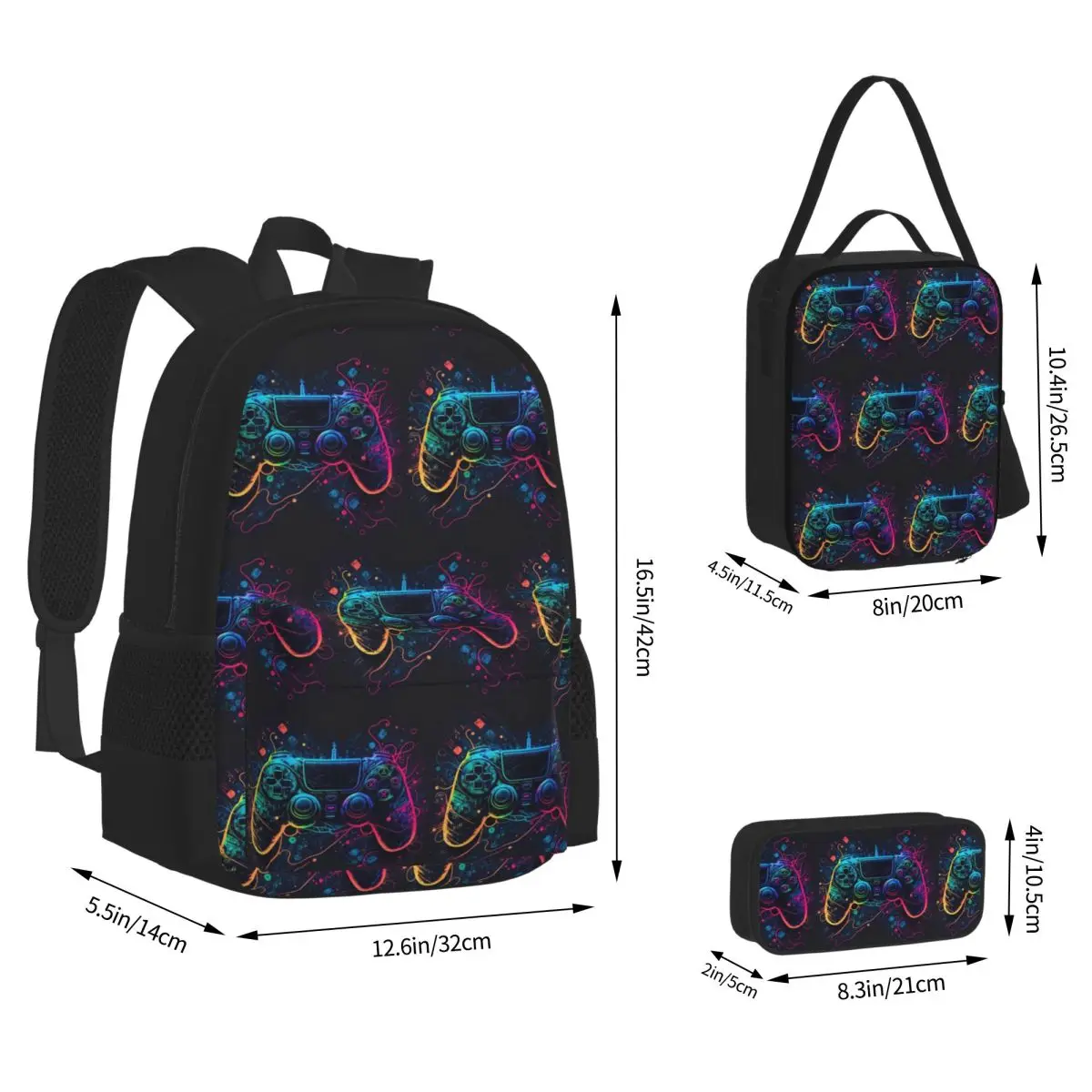 Neon Light Game Controller Gamepad Backpacks Children Bookbag School Bags Rucksack Lunch Bag Pen Bag Three-Piece Set