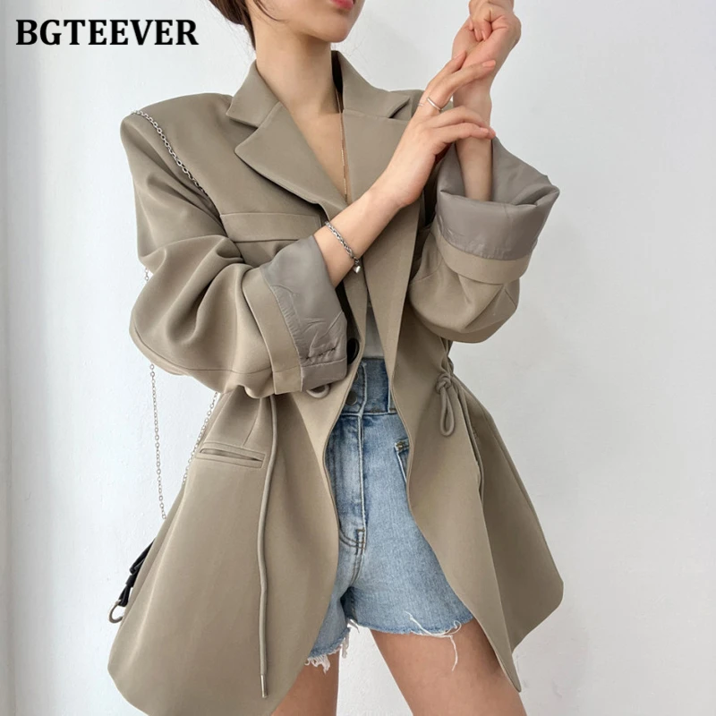 BGTEEVER Vintage Notched Collar Ladies Drawstring Blazer Jackets Casual Long Sleeve Single Button Female Solid Suit Coats