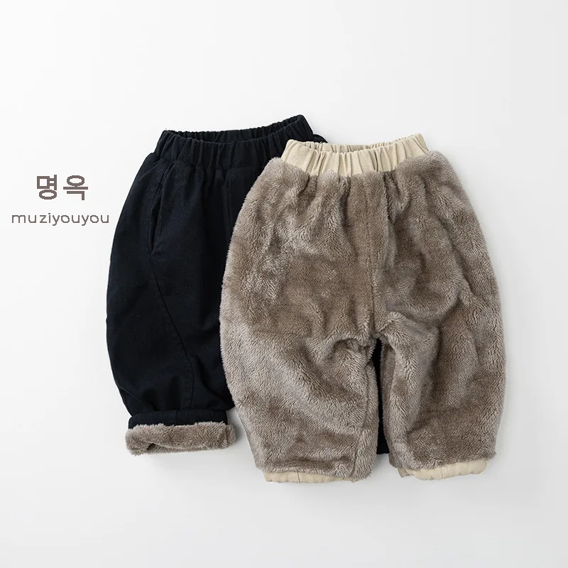 2025 شتاء جديد الأطفال الصوف السراويل الصلبة الفتيان سراويل تقليدية القطن طفل الفتيات بناطيل تدفئة زائد المخملية سميكة الاطفال الملابس