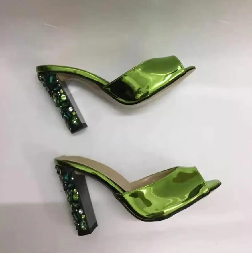 Luxury Green Rhinestone Chunky Heels Women Mules Slingback Sandals Ladies Peep Toe Patent Leather Party Outdoor Shoes Footwear