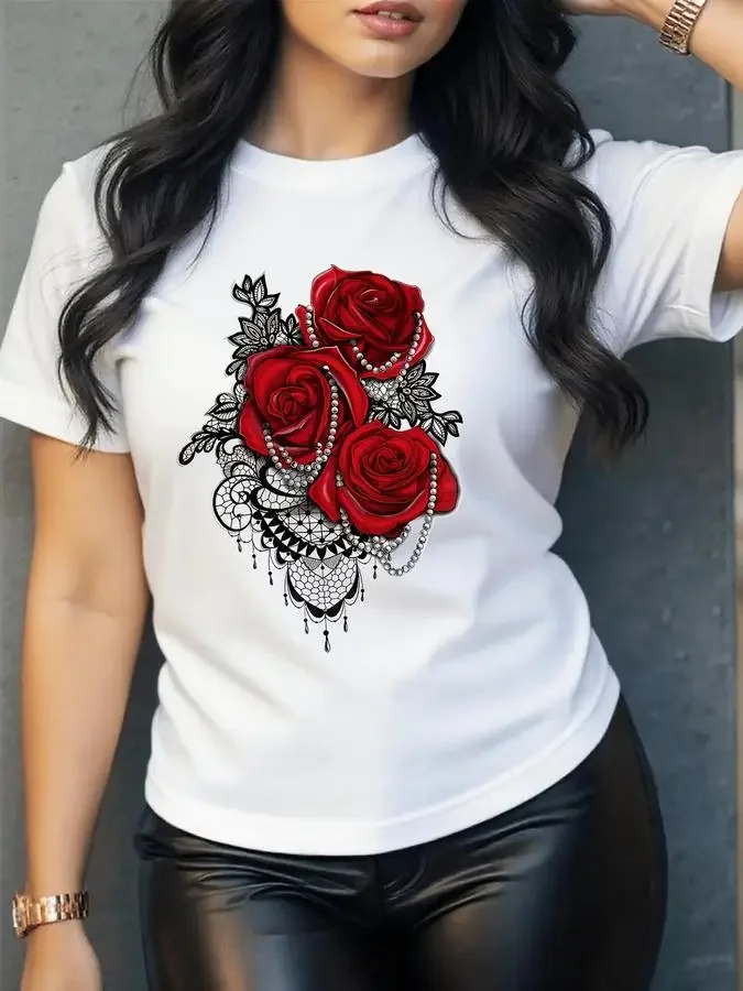 Women Y2K Aesthetic Graphic Tee Red Rose Lace Pearl Print Crew Neck Short Sleeve Vintage Floral T Shirt Ladies Summer Casual Wear White Top