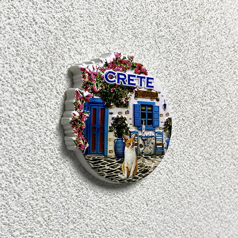 مغناطيس ثلاجة من الراتنج ثلاثي الأبعاد من كريت - مصاريع زرقاء نابضة بالحياة، فناء ساحر، قطة رائعة - هدية مثالية لديكور المنزل