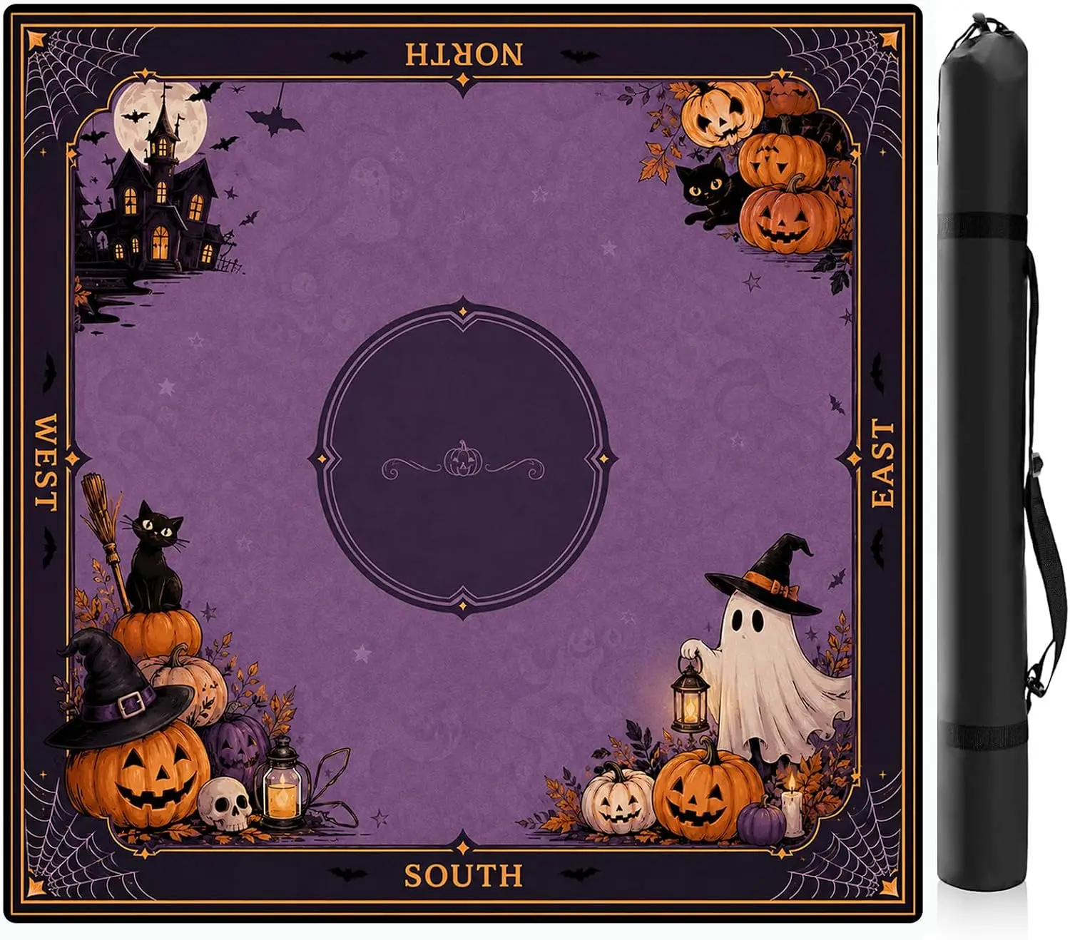 Halloween Pumpkin Ghost Travel Mah Jongg Mat Lightweight Neoprene Rubber Backing Quiet Tile Play for Camping Cruises Small Space