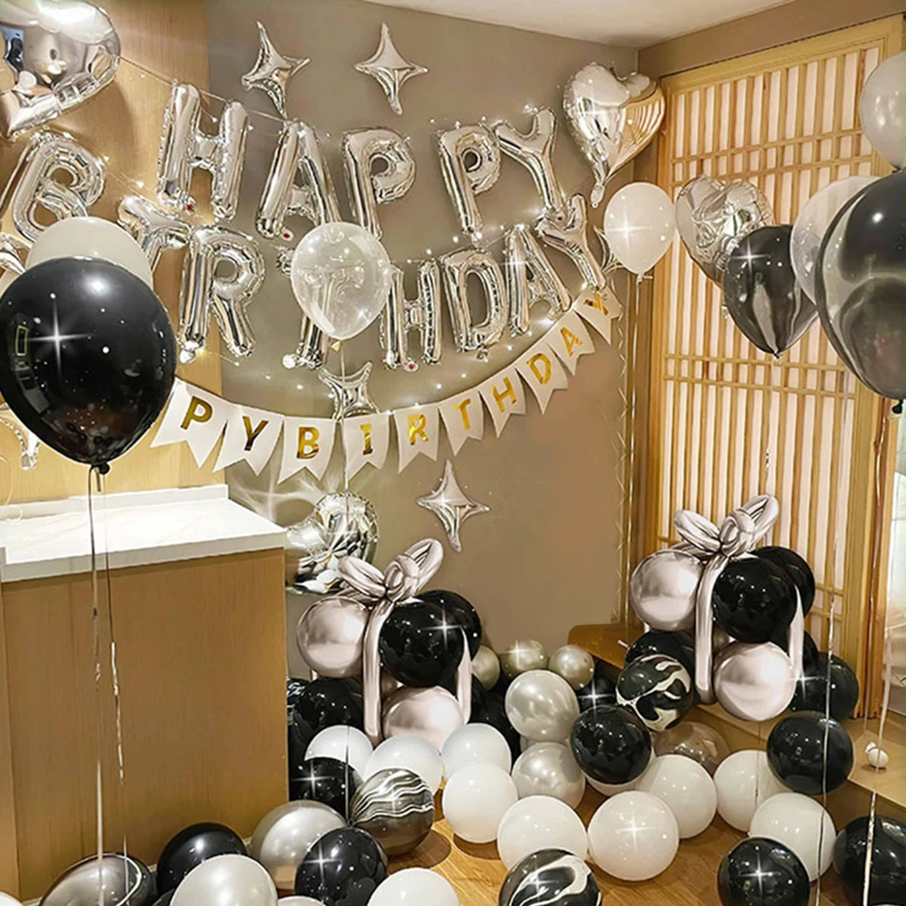 Globos de letras de feliz cumpleaños para niños y adultos, Globos de papel de aluminio blanco y negro, Globos de corazón, de feliz cumpleaños decoración de fiesta, 73 piezas por juego