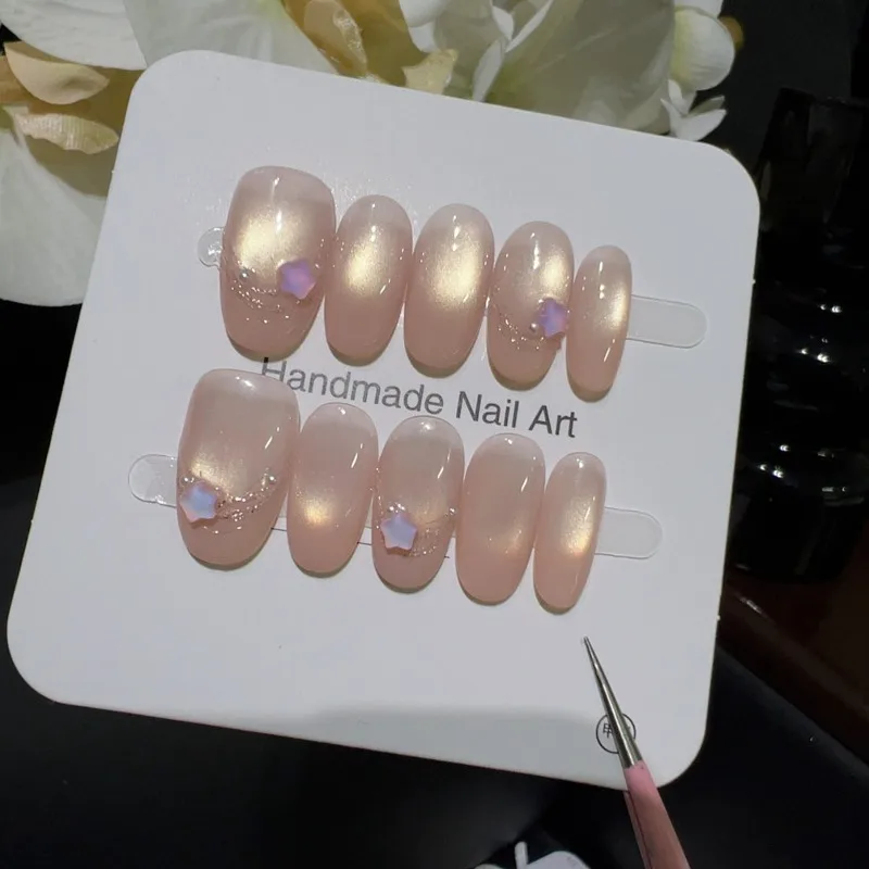 10 stuks handgemaakte pers op nagels met bedels roze parel glitter realistische nepnagels voor meisjes kunstmatige kunstnagels met lijm