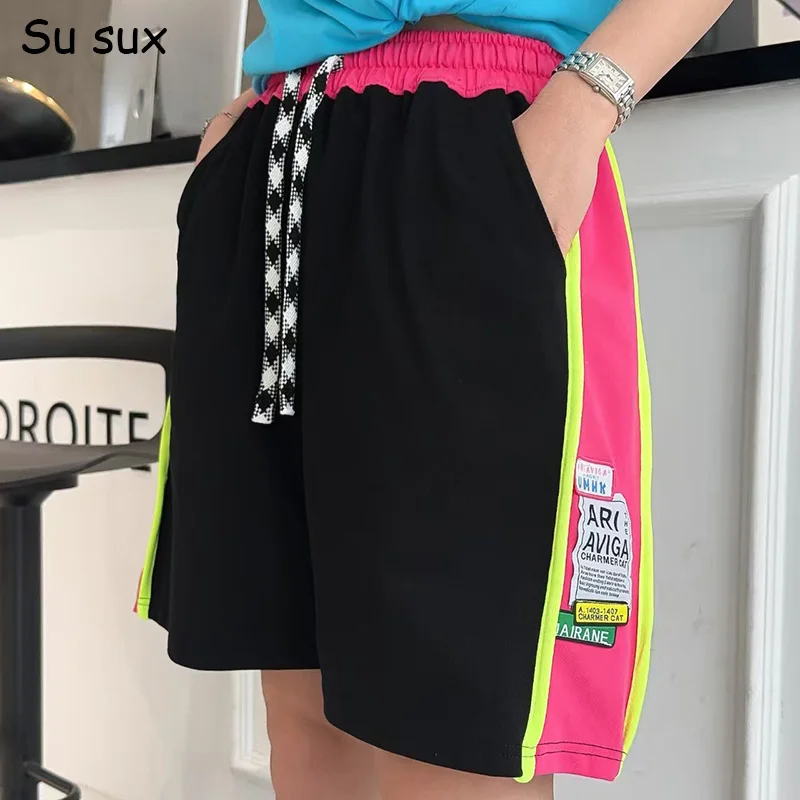 

2026 Summer Casual High Waist Patchwork Short Pants Woman Sweatpants Japanese Korean Fashion Oversized Pant Hip124cm Streetwear