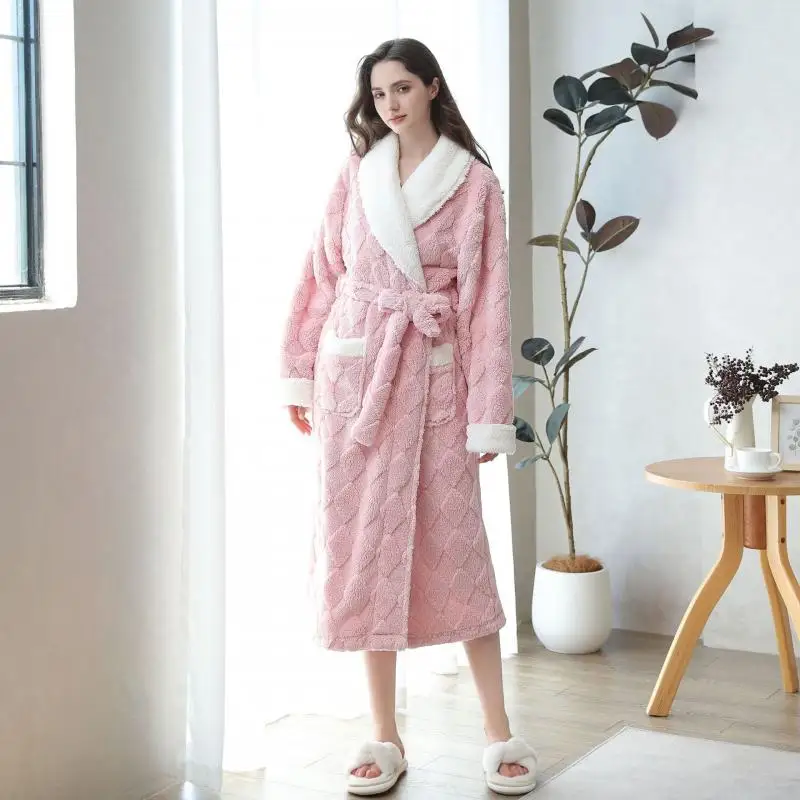 Pakaian rumah wanita jubah Jacquard baju tidur flanel tebal baju tidur Kimono panjang dengan saku jubah mandi wanita baju tidur