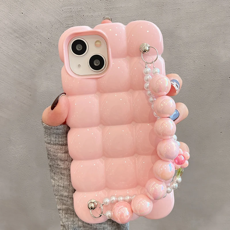 Luxury Pearl Bracelet Chain 3D Ice Lattice Case For iPhone 13 Pro Max 16 15 14 11 12 Shockproof Phone Back Cover Funda